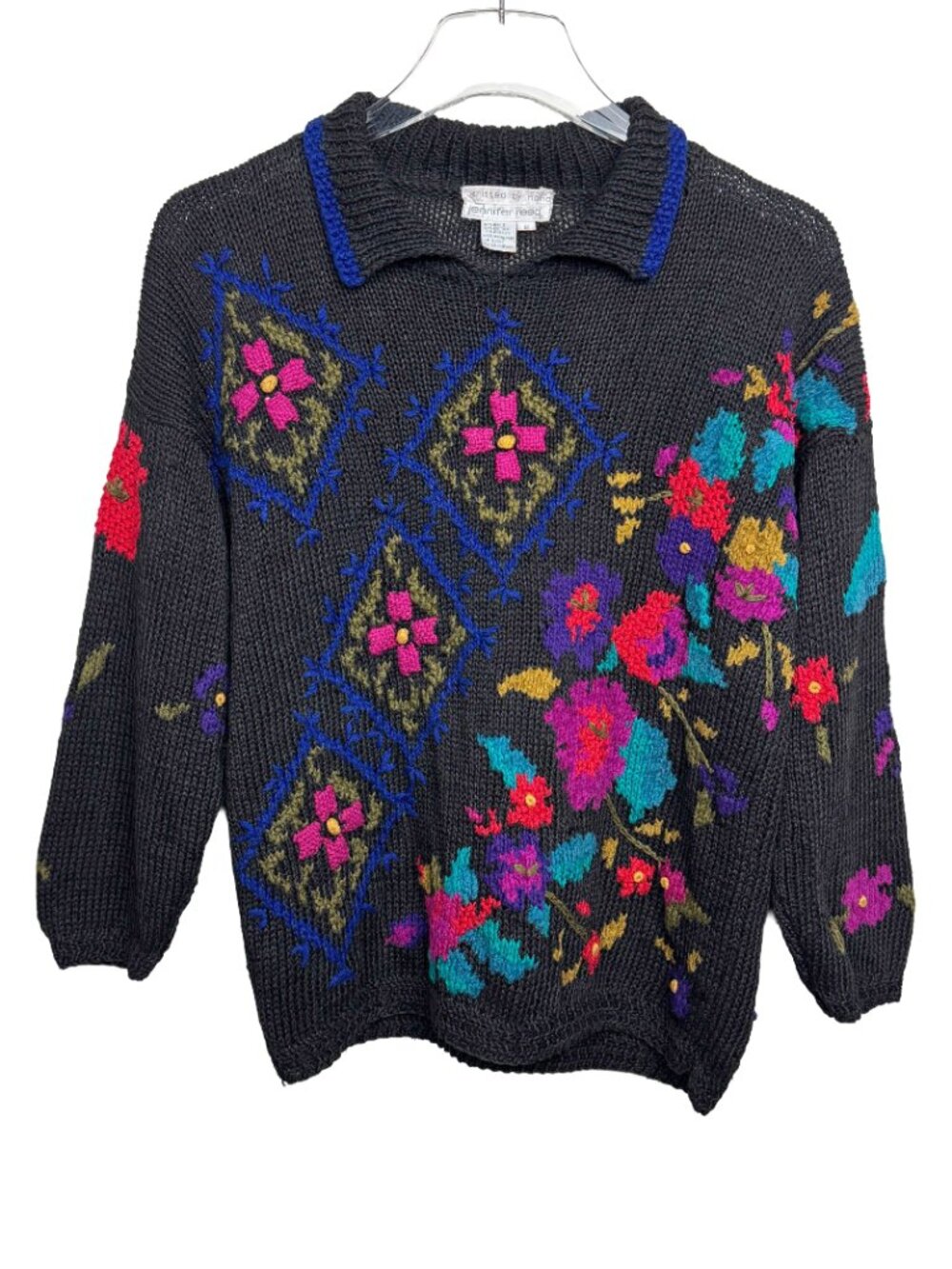 Vintage Hand Knit Jennifer Reed Sweater Sz S Dark Floral Whimsigoth Artsy Boho